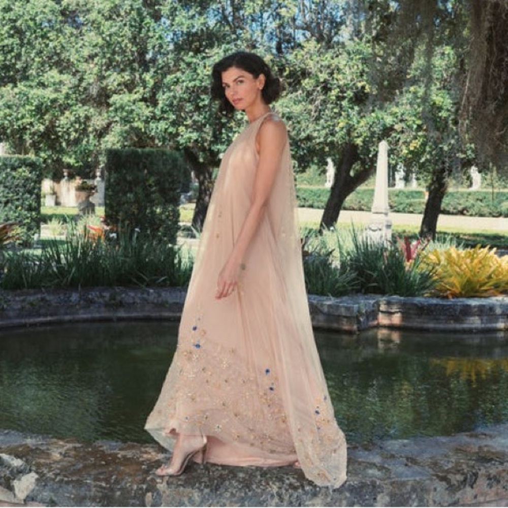 Mac Duggal Cream Maxi Dress with Blue and Gold Accents